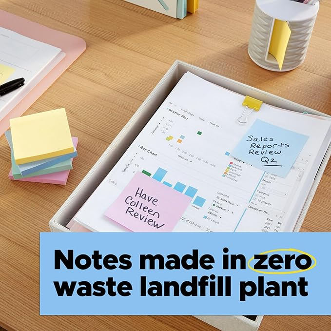 Post-it 100% Recycled Paper Super Sticky Notes, 3 in. x 3 in., 24 Pads, 70 Sheets per Pad, Oasis Collection, School Supplies and Office Products (Pack of 8)