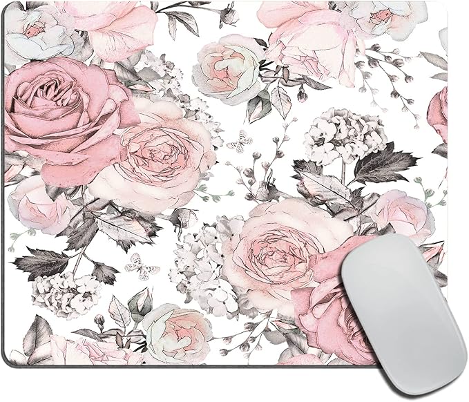 Pink Flowers and Leaves Mouse pad Custom, Retro Spring Floral Branch Rose in Pastel Color Gray Personality Desings Gaming Mouse Pad 9.5"x7.9"x0.12" Inch