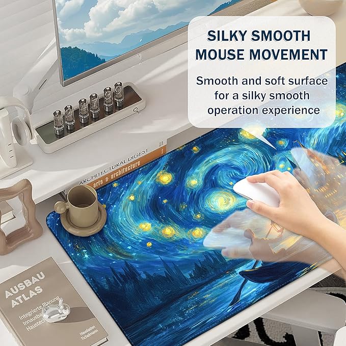 Mouse Pad Gaming - Desk Mat for Keyboard and Mouse - Van Gogh Starry Night Large Mouse Pads for Desk, Desks Pad Mat(35.4" X 15.7") with Non-Slip Base, Gaming Mousepad for Game, Office and Home