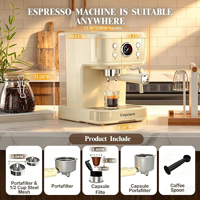 Empstorm Espresso Machine 20 Bar, 2 in 1 Espresso Maker with Milk Frother Steam Wand for Latte and Cappuccino, Powder and Capsule Portafilter, 50oz Removable Water Tank Coffee Machine for Home-White