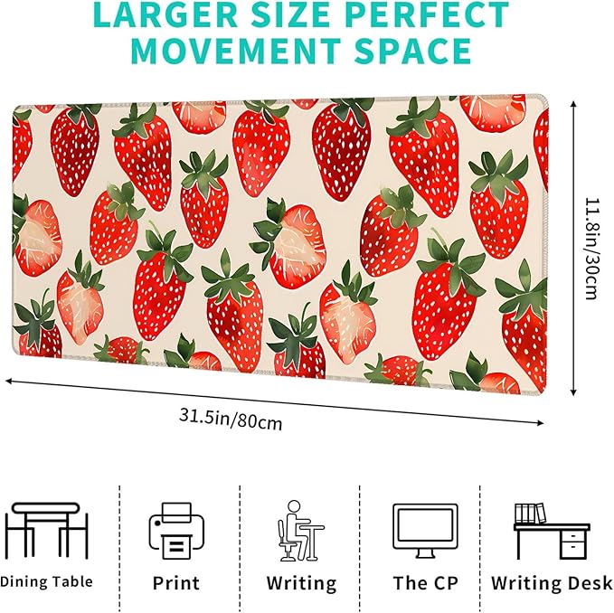 Cute Strawberry Gaming Mouse Pad – 12x31.5in Non-Slip Rubber Desk Mat with Fresh Fruit Design – Large Extended Mousepad for Office Home – Deskmat Gifts for Food Lovers Decor