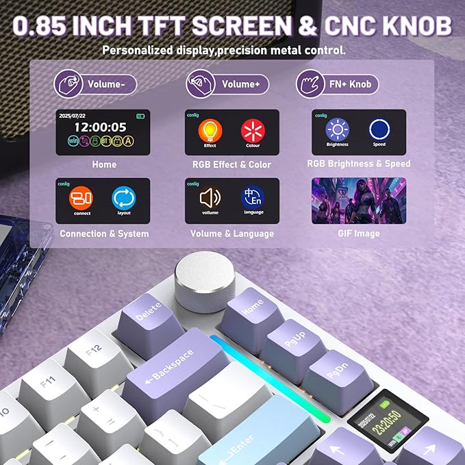 A.JAZZ Attack Shark X820Ultra 75% Wireless Mechanical Gaming Keyboard and Coiled Cable Hot Swappable 2.4GHz/Bluetooth/Wired Keyboard with Screen & Knob RGB Backlit Gasket Mount Shark Switch-Starwhite