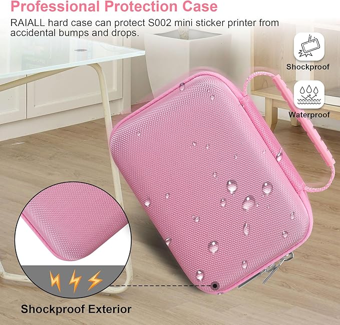 RAIALL Case for ORGSTA S002 Sticker Printer, Travel Bag for Mini Printer Portable Thermal Sticker Printer Label Maker, Label Printer Study Printer Storage Holder for Thermal Paper and Cable, Pink