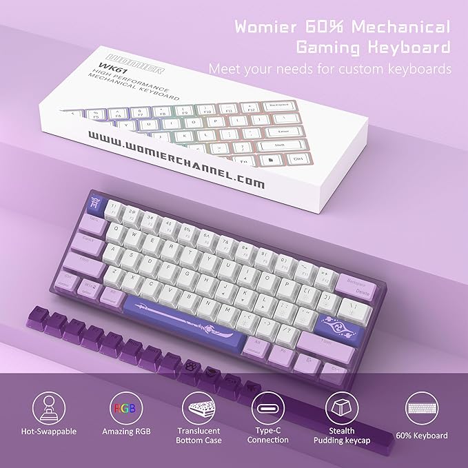 Womier 60% Percent Keyboard,WK61 V2 Mechanical RGB Wired Gaming Keyboard,Hot-Swappable Creamy Key Board with PBT Keycaps,Linear Red Switch for Windows/MAC (Purple)