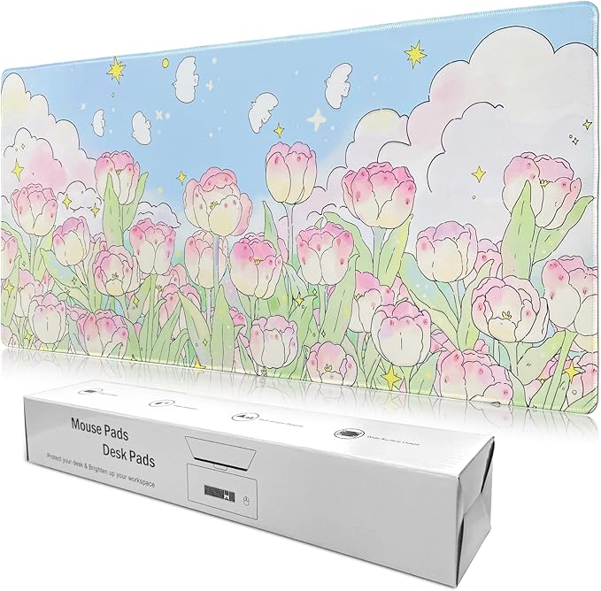 Extended Large Gaming Mouse Pads Mat 35.4"x15.7"x0.12"(3mm Thick), Oversized Office Desk Mat with Stitched Edges (Cute Tulips)