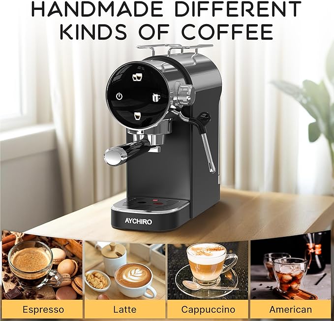 AYCHIRO Semi-Automatic Espresso Machine with Milk Frother, 20 Bar Espresso Coffee Machine, Espresso Maker with Removable Water Tank & Drip Tray, Compact for Home Latte Cappuccino