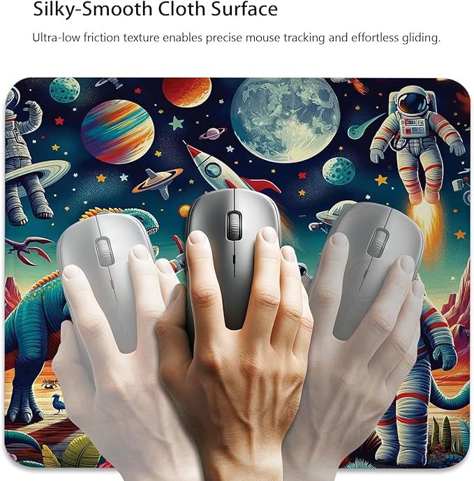 Outer Space Anti-Slip Gaming & Office Mouse Pad with Stitched Edges 9.5 x 7.9 Inch, Surreal Design of Rockets Dinosaurs Planets and Astronaut Characters Durable Smooth Surface Desk Mat