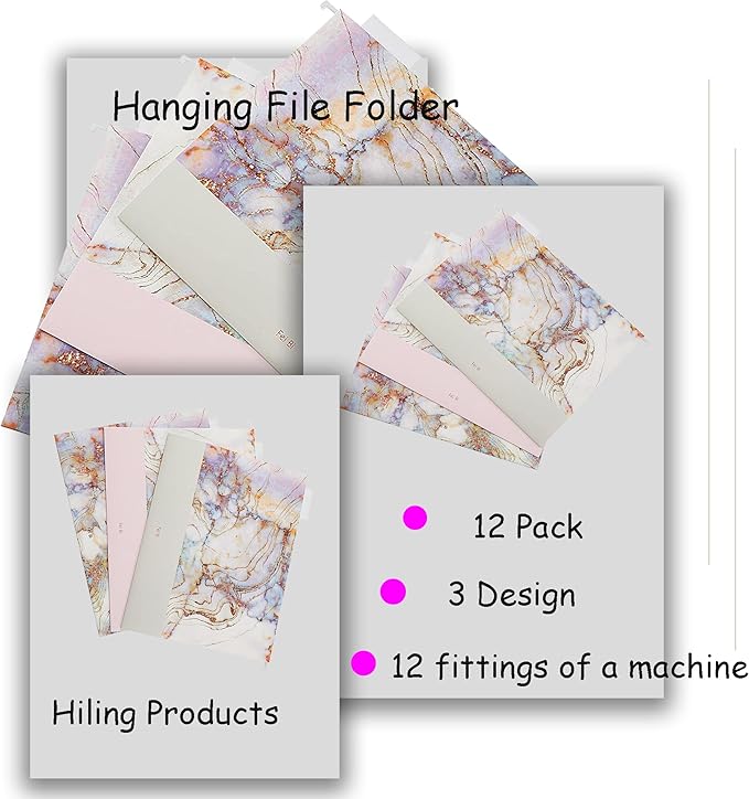 12 Pack Hanging File Folders Filing Cabinet Organizer Letter Size 1/5 Cut Adjustable Tabs Decorative for Home Office School Classroom,Marble