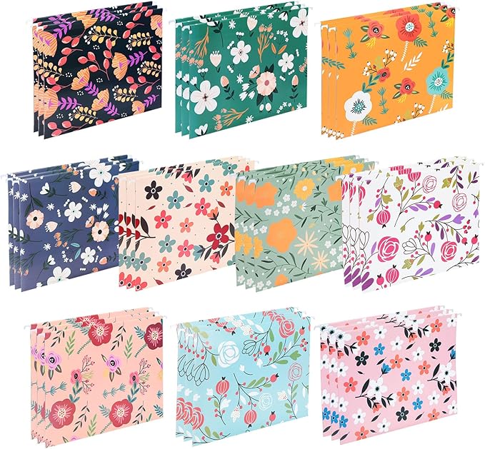 30 Pcs Decorative File Folders Floral Folders, 10 Colored Designs Cute Hanging File Folder Including Adjustable Tabs and Inserts, Letter Size Colored File Folders for Office