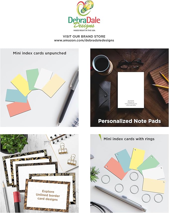 Debra Dale Designs Mini Flash Cards – 1,100 Count White + 5 Color Hole-Punched Cards with 6 Binder Rings – Blank Unruled Value Cardstock – USA Made