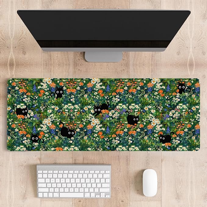 Mousepad Desk Mat Gaming Large Keyboard Cute Office Desktop Computer Laptop Cat Flawer XXL Long Giant Big Kawaii Aesthetic Girly Pretty Design Women Girl Gamer Oversized Wide 30x12'' Mousepad