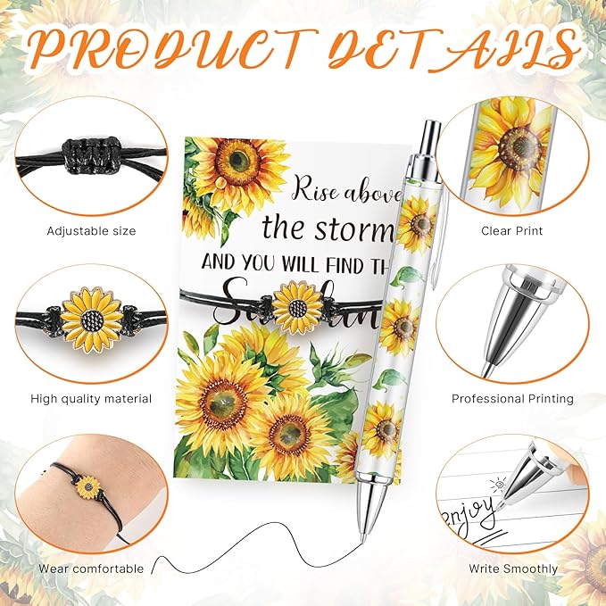 24 Sets Sunflower Gifts Bracelets Ballpoint Pens Bulk Sunflower Yellow Floral Theme Retractable Pens with Information Card Organza Bags for Women Men Office School Party Favors Supplies