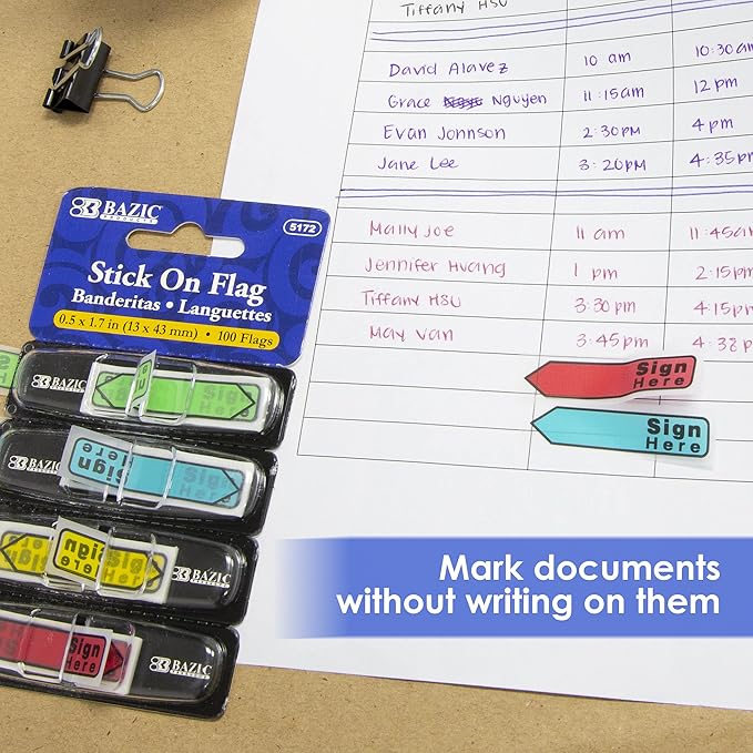 BAZIC Products Neon Page Marker Dispensers, Sticky Notes for Study Materials, Office Use, Sign Here & Neon Colored Page Markers for Books and Documents, 0.5x1.7, 100 Flags/Pack, 2-Packs