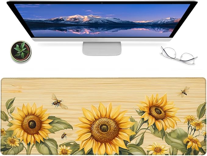 Sunflower and Bee Gaming Mouse Pad – 12x31.5in Non-Slip Rubber Desk Mat with Rustic Floral Design – Large Extended Mousepad for Office Home – Deskmat Gifts for Nature and Country Lovers Decor