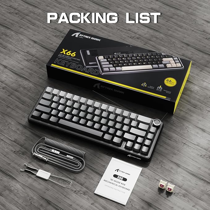 ATTACK SHARK X66 60% Wireless Mechanical Gaming Keyboard with Knob,Gasket Hot Swappable Custom Keyboard,Side Printed PBT Keycaps,Tri Mode USB-C/BT5.0/2.4G RGB Keyboard with Coiled Cable - Moon Night