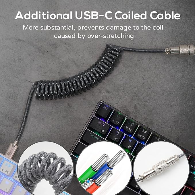RK ROYAL KLUDGE RK61 60% Mechanical Gaming Keyboard with Coiled Cable, 2.4Ghz/Bluetooth/Wired, Wireless Bluetooth Mini Keyboard 61 Keys, RGB Hot-Swappable Red Switch, Ergonomic Design - Black