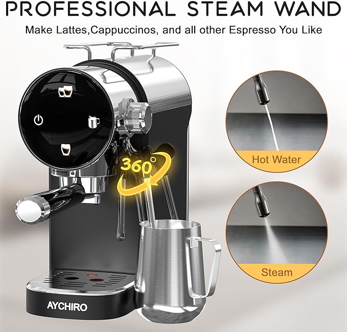 AYCHIRO Semi-Automatic Espresso Machine with Milk Frother, 20 Bar Espresso Coffee Machine, Espresso Maker with Removable Water Tank & Drip Tray, Compact for Home Latte Cappuccino