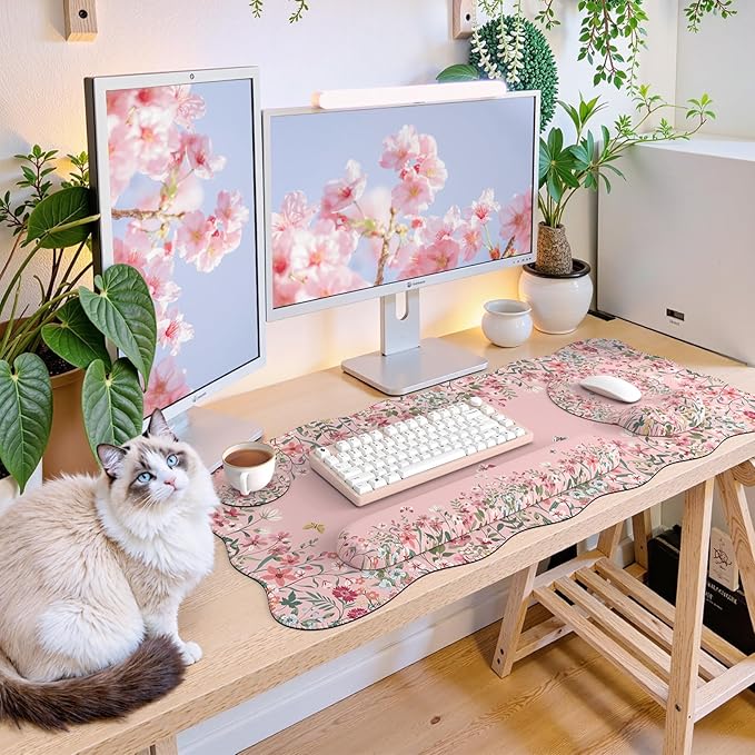 iCasso Desk Mat Set,Large Mouse Pad with Wrist Rest,Ergonomic Keyboard Wrist Support for Women,Girly Floral Computer Mat with Scalloped Edges,Non-Slip Desk Pad Home Office Gaming (Pink)