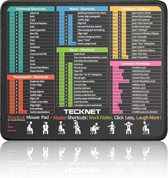 TECKNET Excel Cheat Sheet Desk Pad, Mouse Pad for Excel Word PowerPoint Windows Shortcuts-11.6x9.8 Inch, Non-Slip Waterproof Office Desk Mat, Portable, Durable, Clear Printing, Black