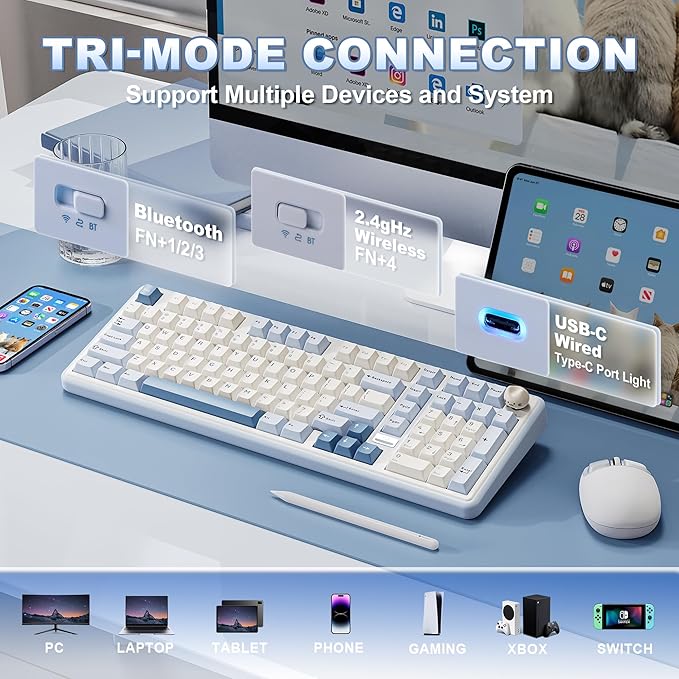 YUNZII B98 PRO QMK/VIA Wireless Mechanical Gaming Keyboard, 96% Layout with Numpad and Cute Cat Knob, BT/2.4G/USB-C, Pre-Lubed Switch Hot Swap Gasket, RGB for Win/Mac (Blue, Candy Linear Switch)