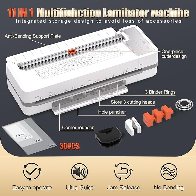 13" 4-Roller Commercial Laminator Machine,3-10 Mil Thickness Laminating Machine,Fast 55s Warm-Up&1000mm/min Laminating Speed for Laminating 11x17&A3 Size,Includes 30 Sheets for Office,School(White)