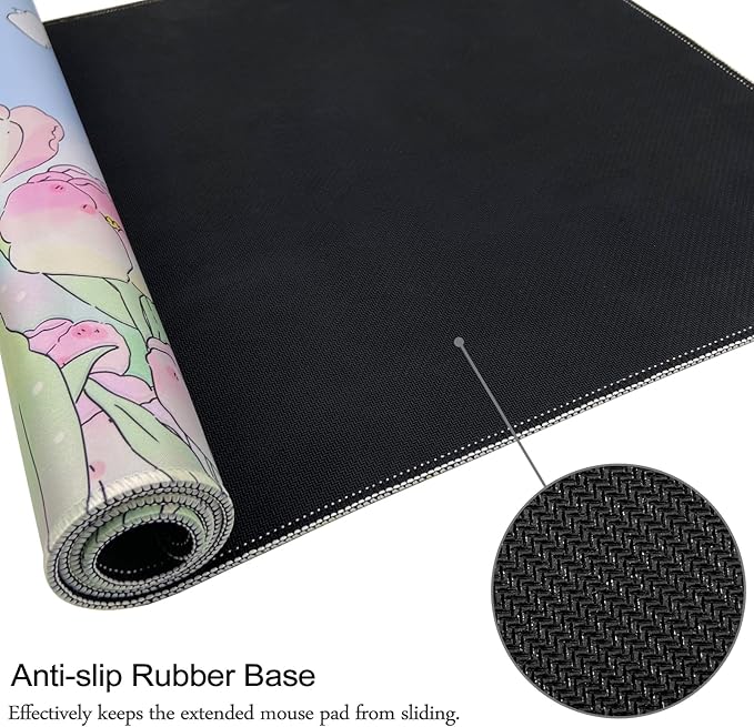Extended Large Gaming Mouse Pads Mat 35.4"x15.7"x0.12"(3mm Thick), Oversized Office Desk Mat with Stitched Edges (Cute Tulips)