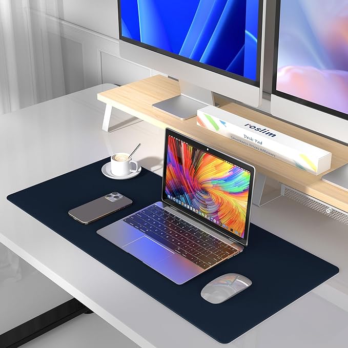 Leather Desk Pad Protector, Mouse Pad, Non-Slip Computer Mat for Desk, PU Leather Office Desk Mat for Home & Office, Waterproof Laptop Desk Blotter for Keyboard and Mouse, Navy (17''X48'')