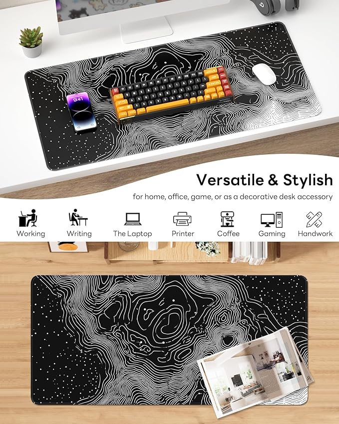 XL Gaming Mouse Pad, 31.5x15.7'' Large Desk Mat with Anti-Slip Rubber Base & Stitched Edges for Gaming, Office, Home - Linear Map