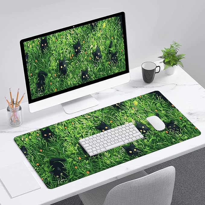 Cute Cat Desk Pad Mouse Pad Green Plant Kawaii Black Cat Flower Large Gaming Mouse Mat with Stitched Edges,Non-Slip Waterproof Rubber Base Mous Mat 31.5"x11.8" Office Computer Keyboard Laptop Home