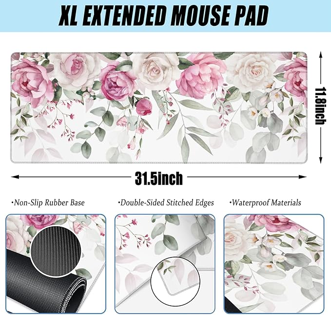 Large Gaming Mouse Pad for Desk,Pink Peony Flowers Eucalyptus Leaves Desk Mat,Watercolor Floral Desk Pad,Extended Big Computer Keyboard Mouse Pad with Non-Slip Base Stitched Edge 31.5"x11.8"