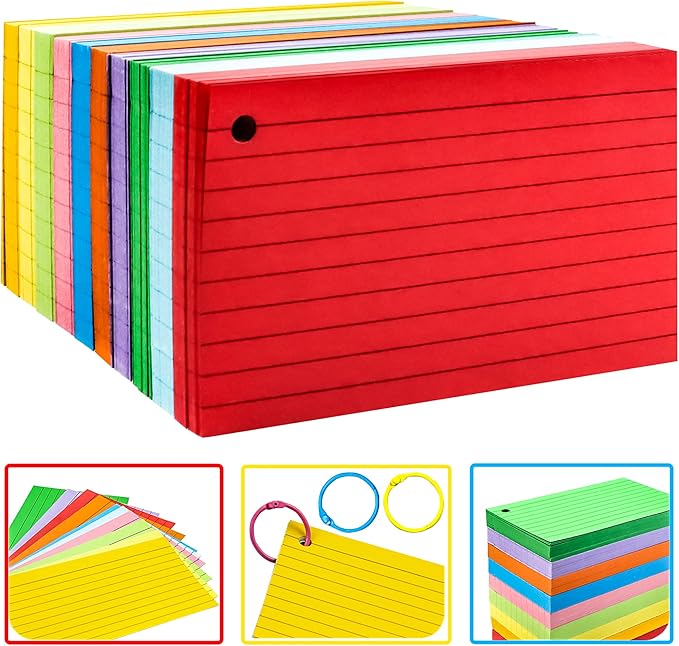 MotBach 600Pcs Colored Index Cards 3x5 Inch Flash Cards with Rings Lined Note Card Flashcards, Colorful Ruled Card Pad Index Note Books 3 x 5 Notecards for Studying School Supply College Office
