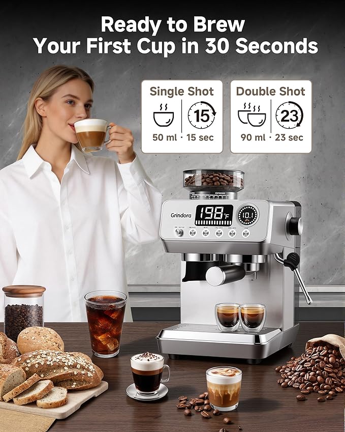 Espresso Machine with Grinder, 20 Bar Stainless Steel Espresso Coffee Machine, 44 Grind Settings, 0.1s Precision Timer, PID Control, Milk Frother for Latte, Cappuccino, Americano & Cold Brew