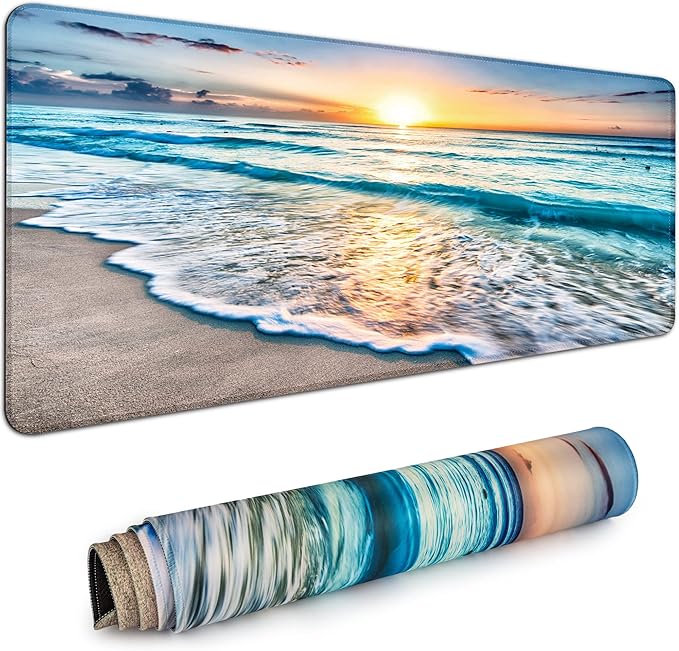 Desk Mat,Large Mouse Pad 35''×15.6'' XXL Extended Gaming Mouse Pad Mat with Non-Slip Base Stitched Eges Mousepad for Computer,Office,Keyboard and Laptop - Beach