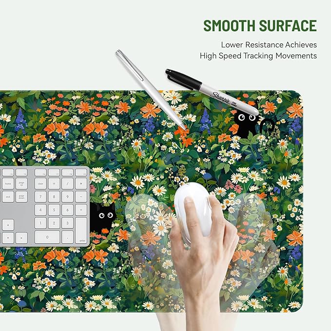 Mousepad Desk Mat Gaming Large Keyboard Cute Office Desktop Computer Laptop Cat Flawer XXL Long Giant Big Kawaii Aesthetic Girly Pretty Design Women Girl Gamer Oversized Wide 30x12'' Mousepad