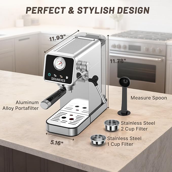 20 Bar Espresso Machine, Semi-Automatic Espresso Machine with Milk Frother, Compact Espresso Coffee Maker For Café-Quality Lattes and Cappuccinos at Home & Office, Silver
