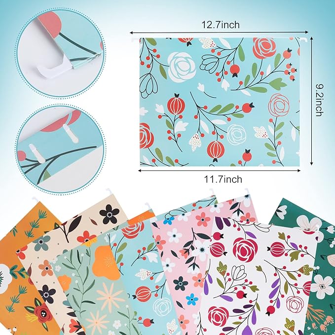 30 Pcs Decorative File Folders Floral Folders, 10 Colored Designs Cute Hanging File Folder Including Adjustable Tabs and Inserts, Letter Size Colored File Folders for Office
