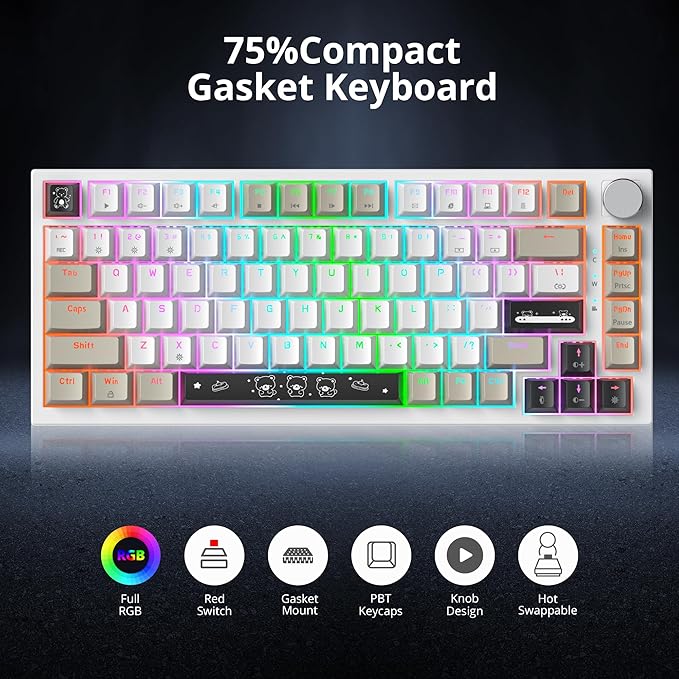 75 Percent Keyboard Gasket-Mounted with Sound Absorbing Pads, 82-Key Compact Wired RGB Mechanical Gaming Keyboard Hot-Swap Socket for Win, Gray Black White