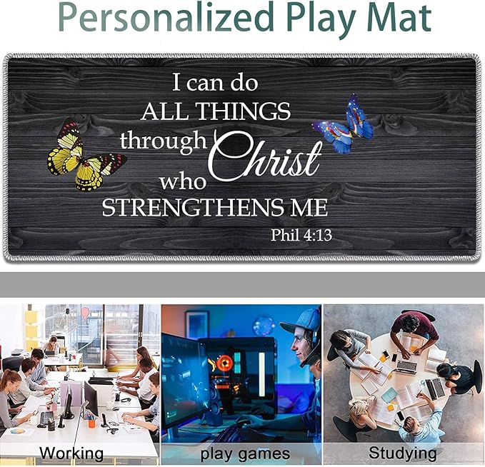 Large Gaming Mouse Pad Non-Slip Keyboard Pad Soft Extended Desk Mat Desktop Writing Pad (31.5"×11.8") Combined with Coasters, Home and Office Desktop Decor, Vintage Wooden Bible