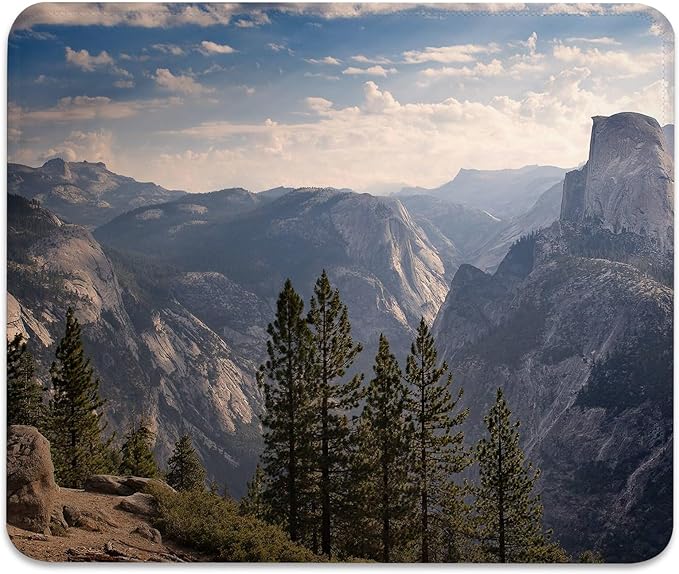 Anti-Slip Rubber Base Gaming & Office Mouse Pad with Stitched Edges 9.5 x 7.9 Inch - Majestic Mountain Landscape with Pine Trees and Half Dome, Durable Smooth Fabric Surface Desk Mat
