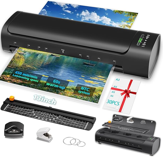 13 Inch Laminator Machine with 30 Laminating Sheets, A3 11-in-1 Hot & Cold Thermal Laminator for Teachers, 60S Fast Warm-Up, 450mm/min, Never-Jam Design Laminate Machine for Home, Office, School