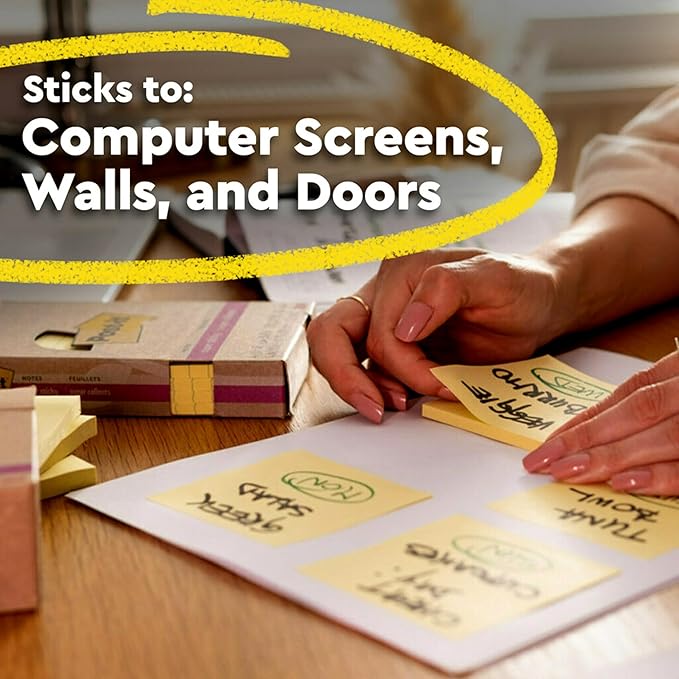 Post-it 100% Recycled Paper Super Sticky Notes, Canary Yellow, 3 in. x 3 in., 12 Sticky Note Pads, 70 Sheets per Pad, New Year Organization or Second Semester School Supplies