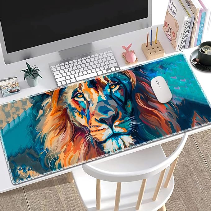 Large Gaming Mouse Pad Non-Slip Keyboard Pad Soft Extended Desk Mat Desktop Writing Pad (31.5"×11.8") Combined with Coasters, Home and Office Desktop Decor, Painted Lion