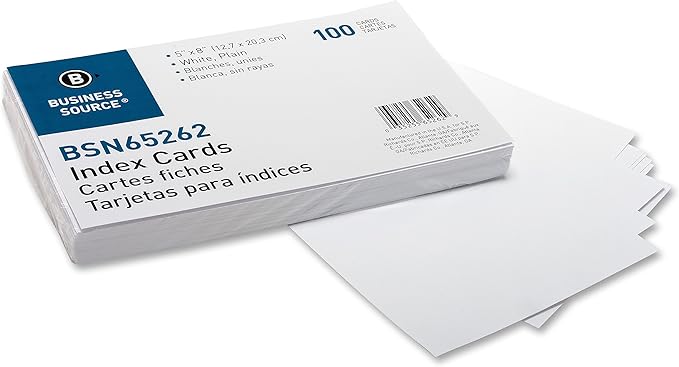 Business Source Plain Index Cards, White, 5 X 8