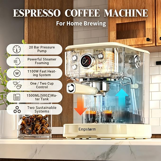 Empstorm Espresso Machine 20 Bar, 2 in 1 Espresso Maker with Milk Frother Steam Wand for Latte and Cappuccino, Powder and Capsule Portafilter, 50oz Removable Water Tank Coffee Machine for Home-White