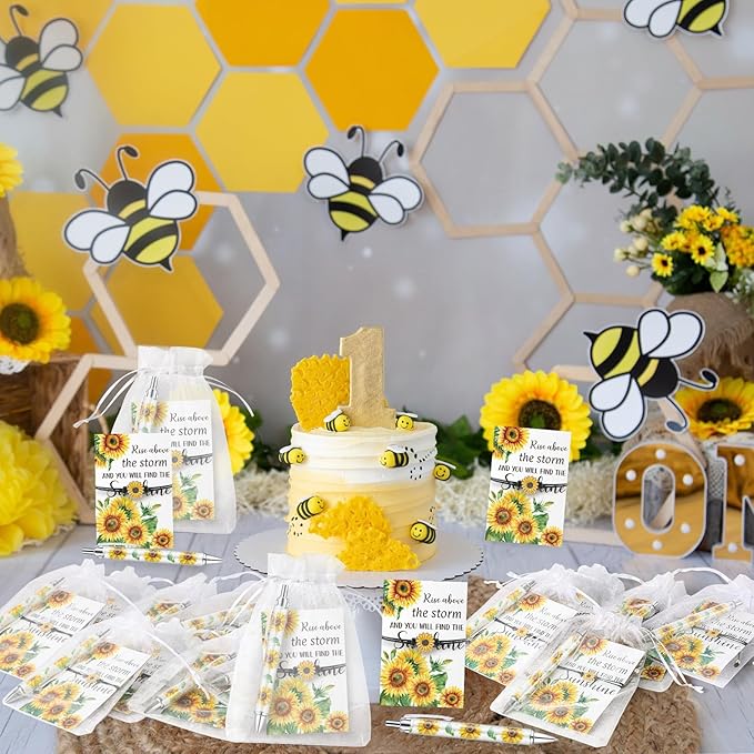 24 Sets Sunflower Gifts Bracelets Ballpoint Pens Bulk Sunflower Yellow Floral Theme Retractable Pens with Information Card Organza Bags for Women Men Office School Party Favors Supplies