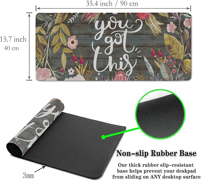 Computer Mats Floral Work Desk Mat Gaming Mouse Pad Large Mousepads Table Extender Waterproof Non-Slip Rubber Base 35.4 X 15.7 for Game Office, Motivation Quote You Got This