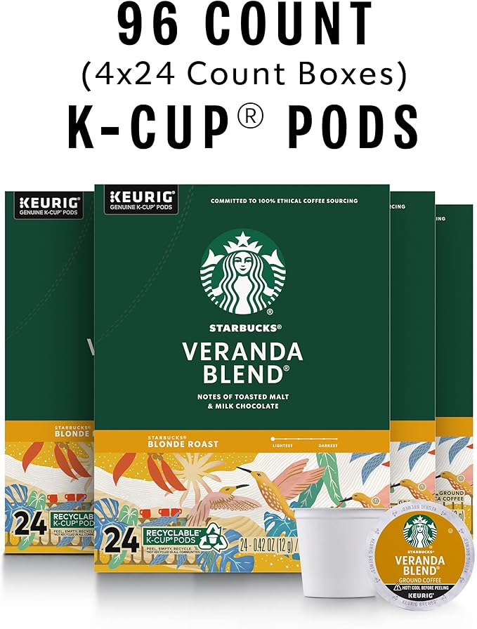 Starbucks K-Cup Coffee Pods, Starbucks Blonde Roast Hot or Iced Coffee, Veranda Blend, 96 Keurig Pods