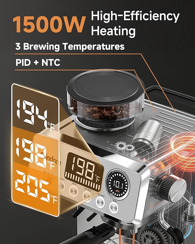 Espresso Machine with Grinder, 20 Bar Stainless Steel Espresso Coffee Machine, 44 Grind Settings, 0.1s Precision Timer, PID Control, Milk Frother for Latte, Cappuccino, Americano & Cold Brew