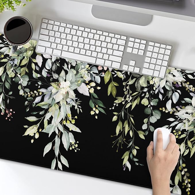 aportt Sage Green Leaves Gaming Mouse Pad XL Spring Summer Floral Extended Large Desk Mat Black Big Mousepad Non-Slip Rubber Base Stitched Edge Long for Desktop Office Computer Gamer,31.5×11.8 in