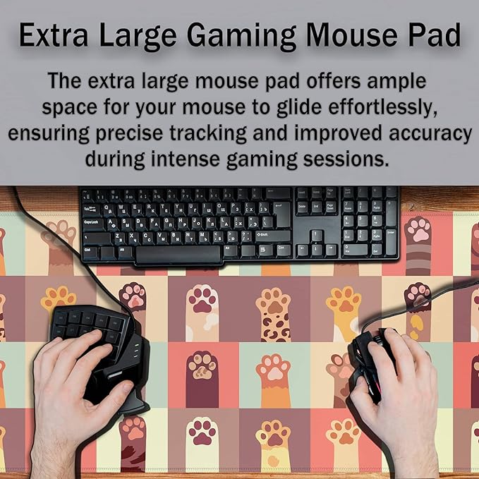 Gaming Desk Mat Cats Paws Computer Desk Accessories for Women Large Mousepads Extended Mouse Pad Keyboard Mouse Pad Waterproof Non-Slip Rubber Base 35.4" X 15.7" for Game Office,